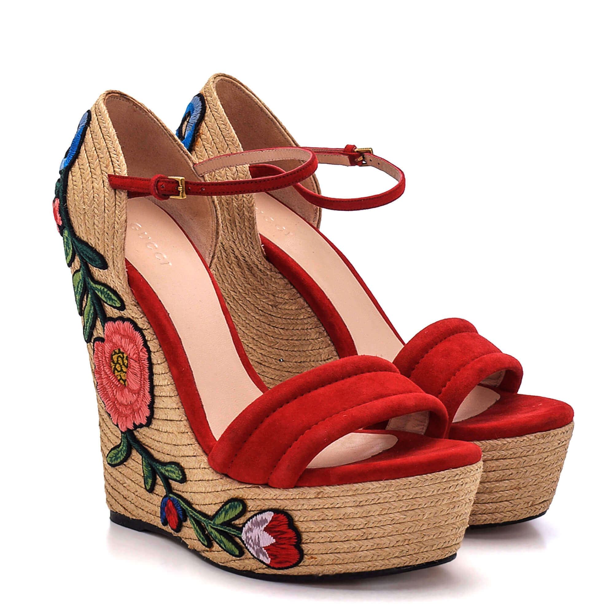 Gucci - Red Suede Floral Embroidered Ankle Strap Espadrille Wedge Sandals